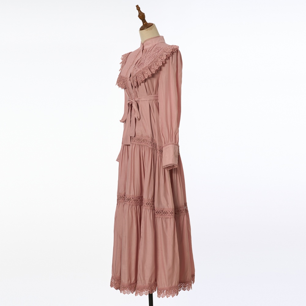 Embroidery lantern sleeve shirt pinched waist long dress