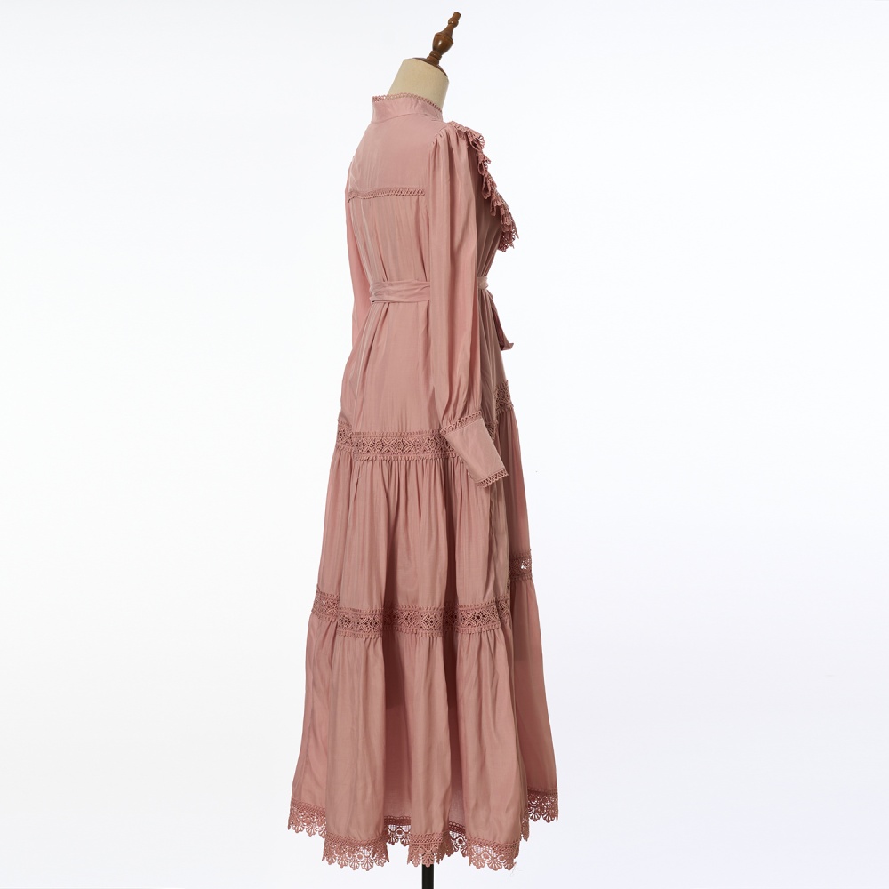 Embroidery lantern sleeve shirt pinched waist long dress