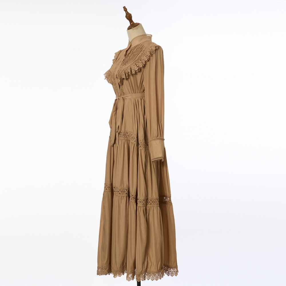 Embroidery lantern sleeve shirt pinched waist long dress