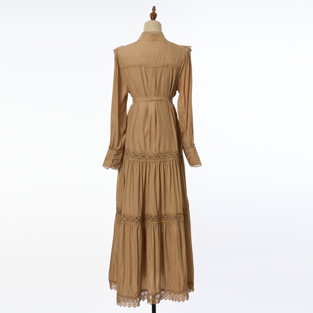 Embroidery lantern sleeve shirt pinched waist long dress