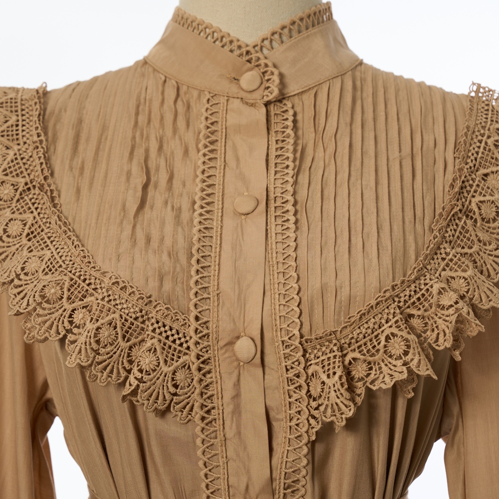 Embroidery lantern sleeve shirt pinched waist long dress