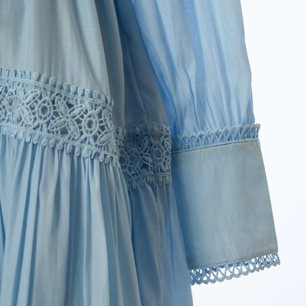 Embroidery lantern sleeve shirt pinched waist long dress