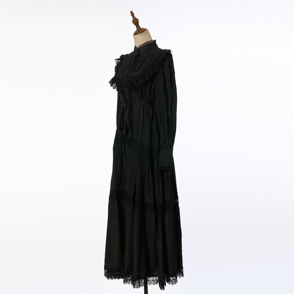 Embroidery lantern sleeve shirt pinched waist long dress