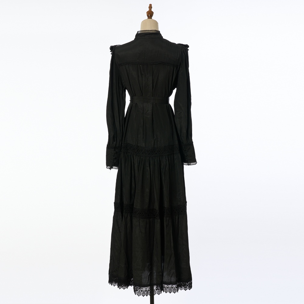 Embroidery lantern sleeve shirt pinched waist long dress