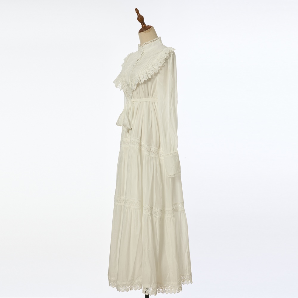 Embroidery lantern sleeve shirt pinched waist long dress