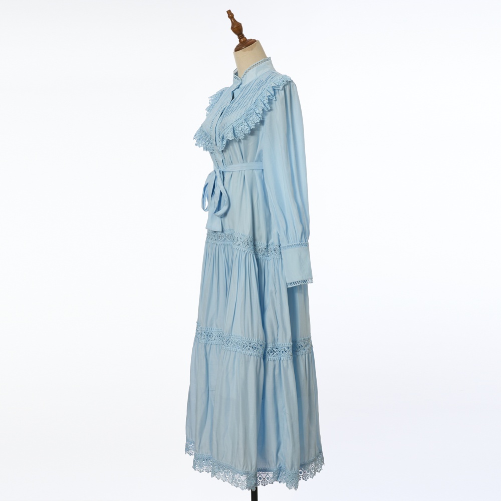 Embroidery lantern sleeve shirt pinched waist long dress