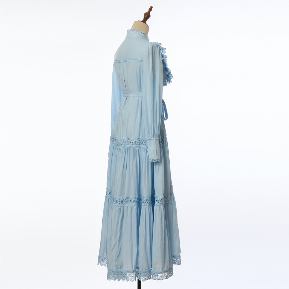 Embroidery lantern sleeve shirt pinched waist long dress