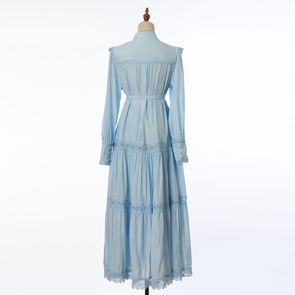 Embroidery lantern sleeve shirt pinched waist long dress
