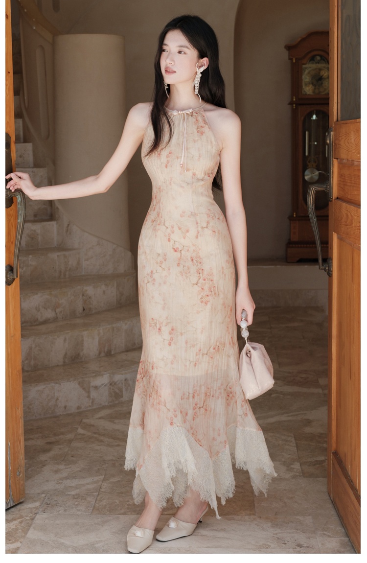 Irregular tender sling lace splice dress