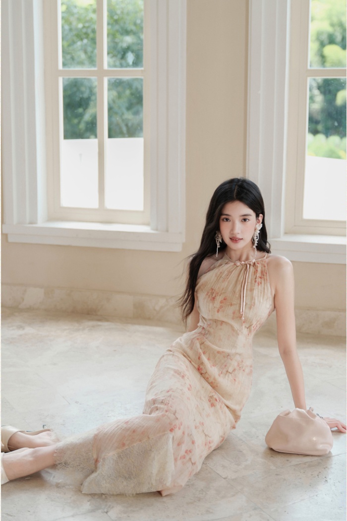 Irregular tender sling lace splice dress