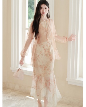 Sling tender dress lace splice small cardigan a set