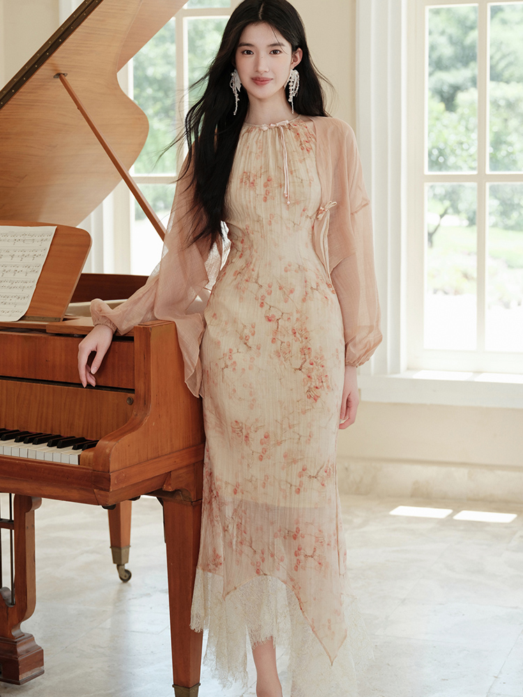 Sling tender dress lace splice small cardigan a set