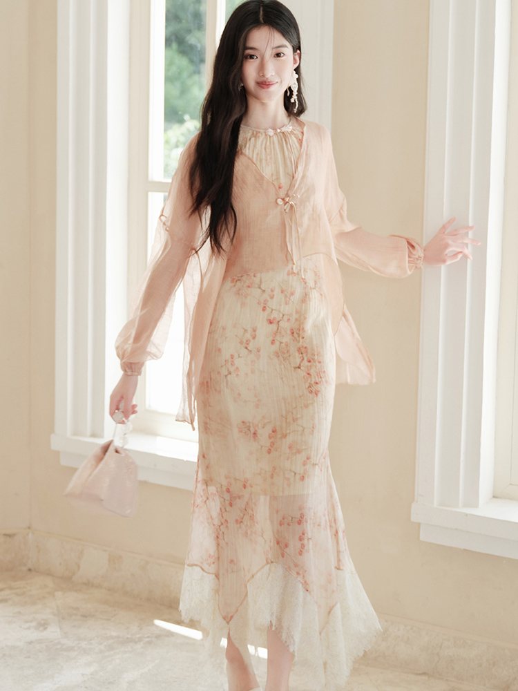 Sling tender dress lace splice small cardigan a set