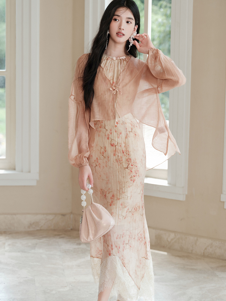 Sling tender dress lace splice small cardigan a set