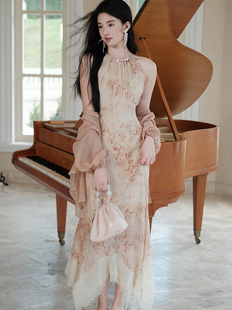 Sling tender dress lace splice small cardigan a set