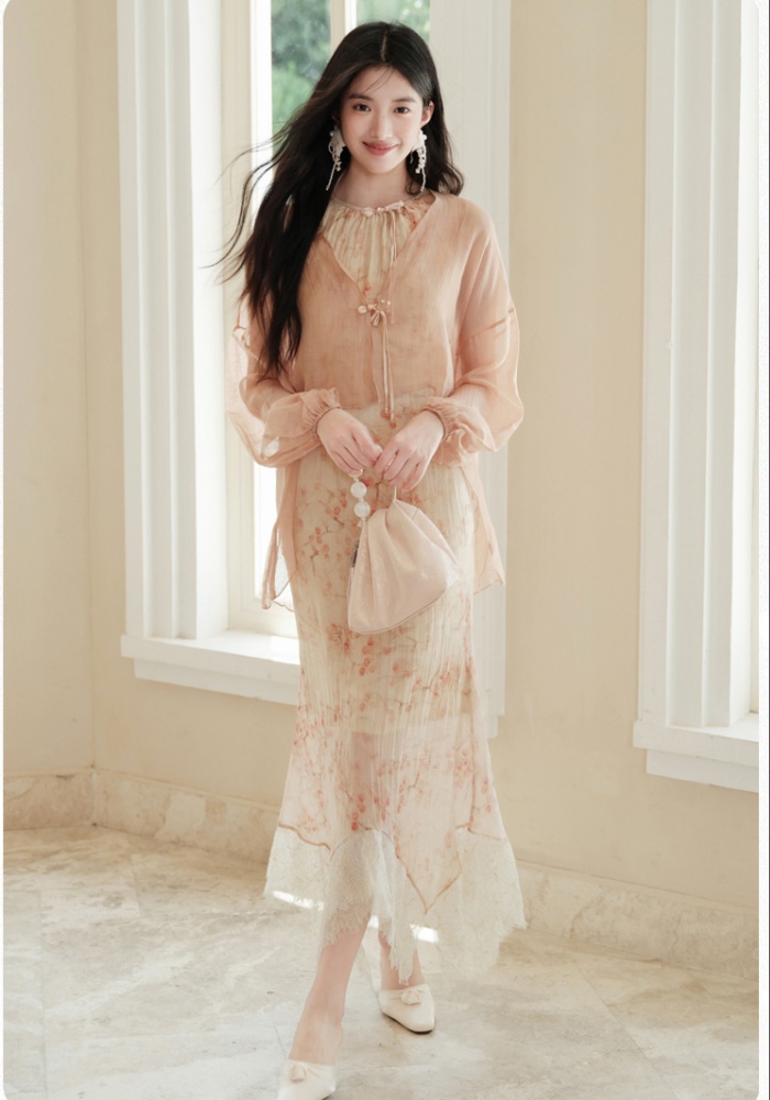 Sling tender dress lace splice small cardigan a set