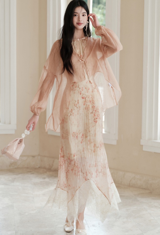 Sling tender dress lace splice small cardigan a set