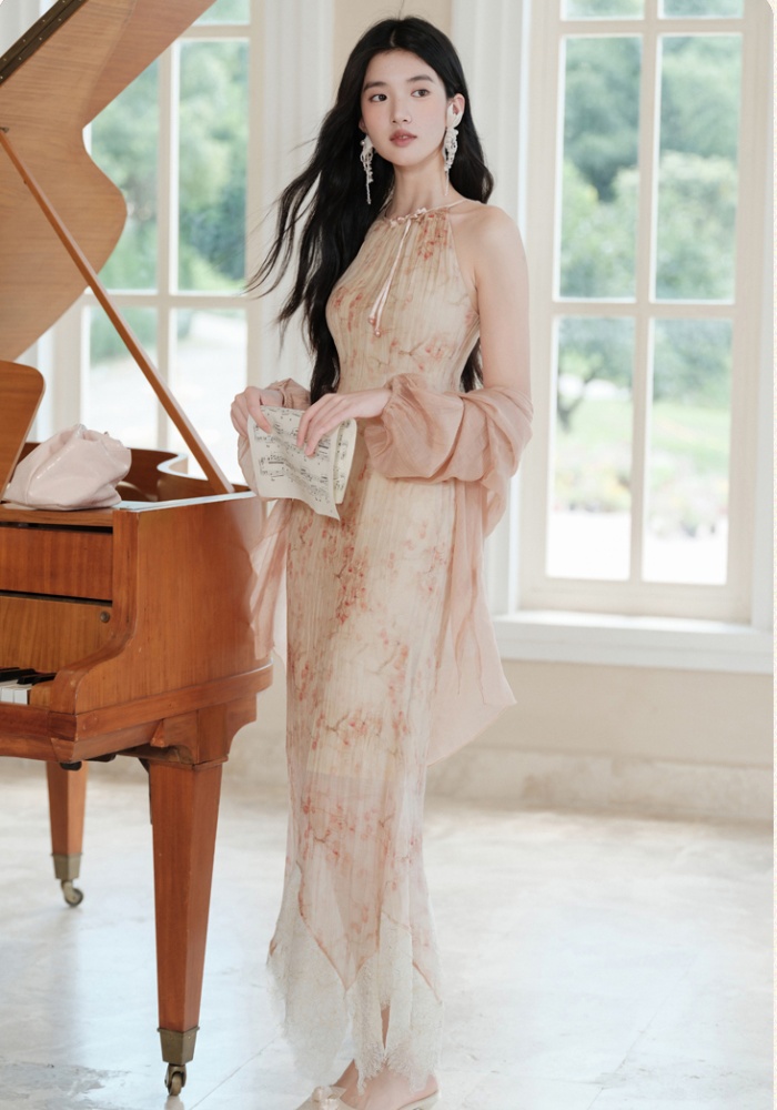 Sling tender dress lace splice small cardigan a set