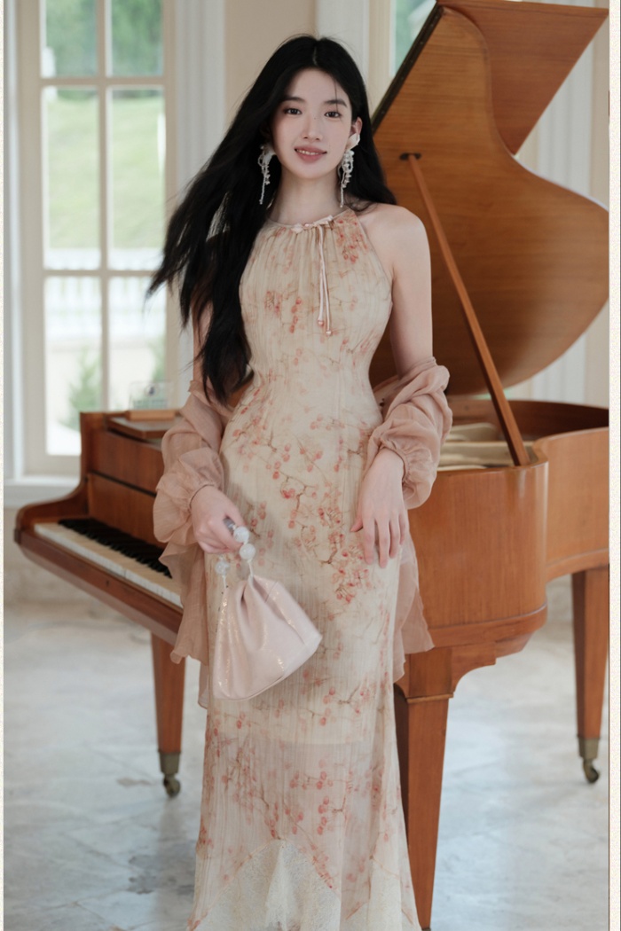 Sling tender dress lace splice small cardigan a set