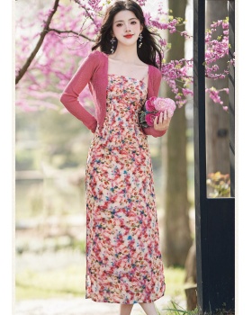 Double split floral cardigan spring sling dress 2pcs set