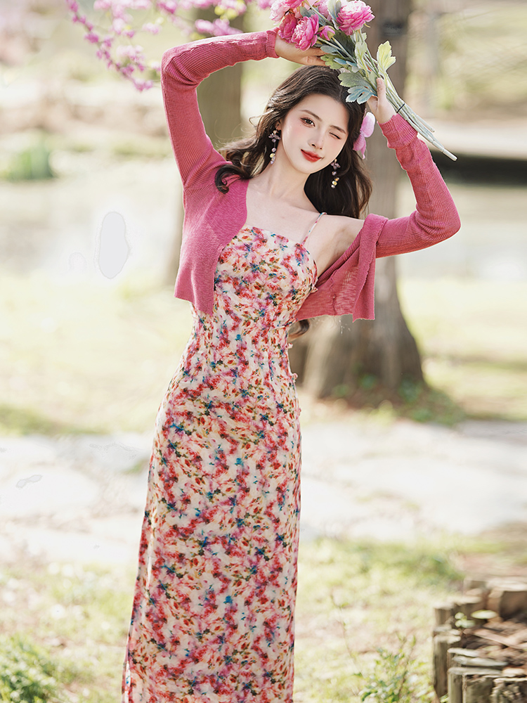 Double split floral cardigan spring sling dress 2pcs set