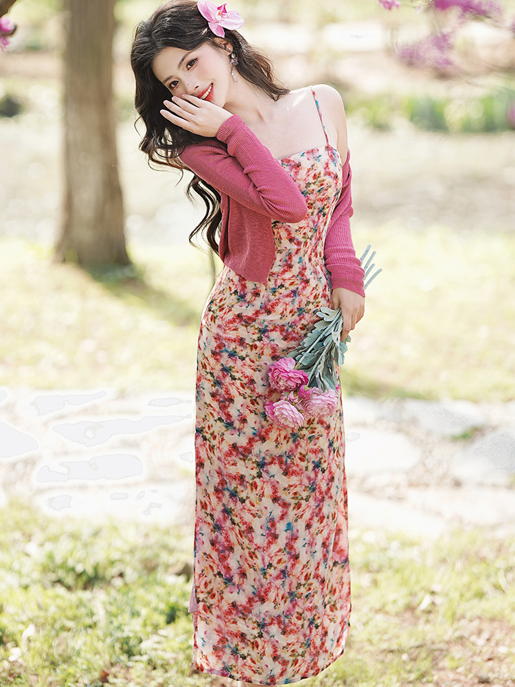 Double split floral cardigan spring sling dress 2pcs set