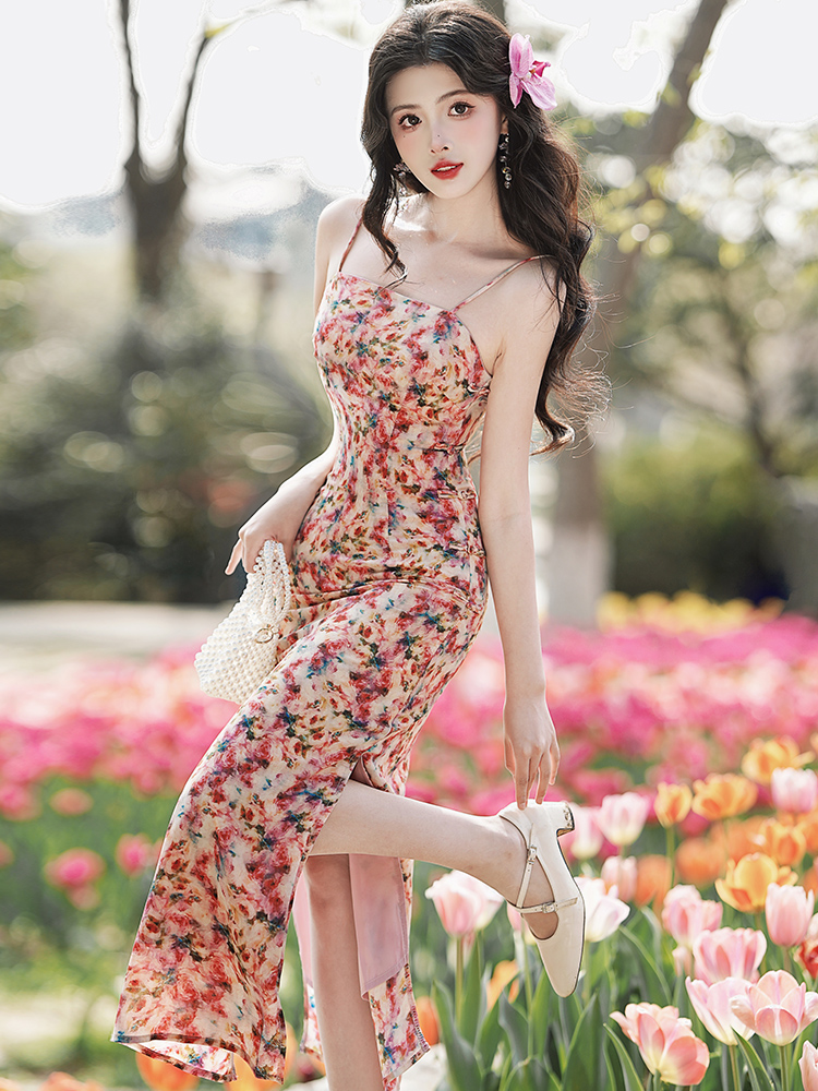 Double split floral cardigan spring sling dress 2pcs set