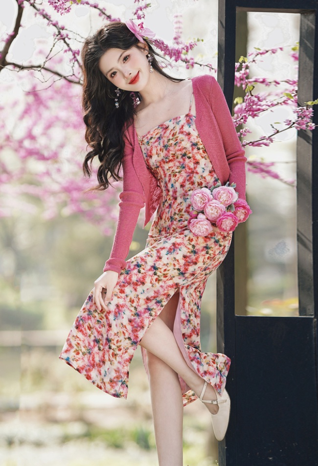 Double split floral cardigan spring sling dress 2pcs set