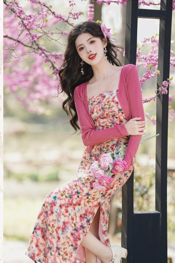 Double split floral cardigan spring sling dress 2pcs set