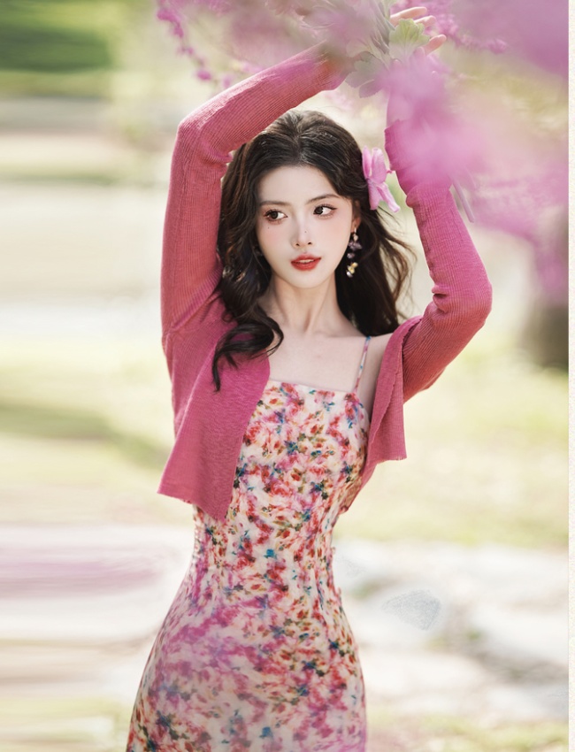 Double split floral cardigan spring sling dress 2pcs set