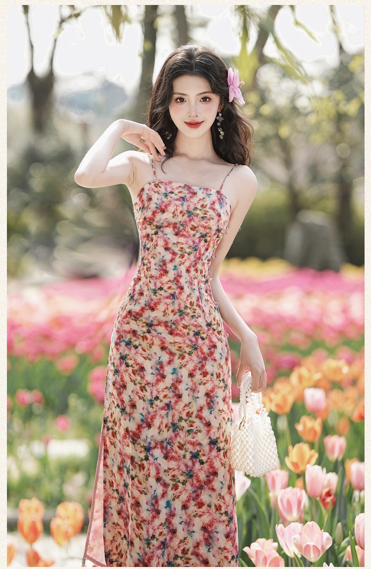 Double split floral cardigan spring sling dress 2pcs set