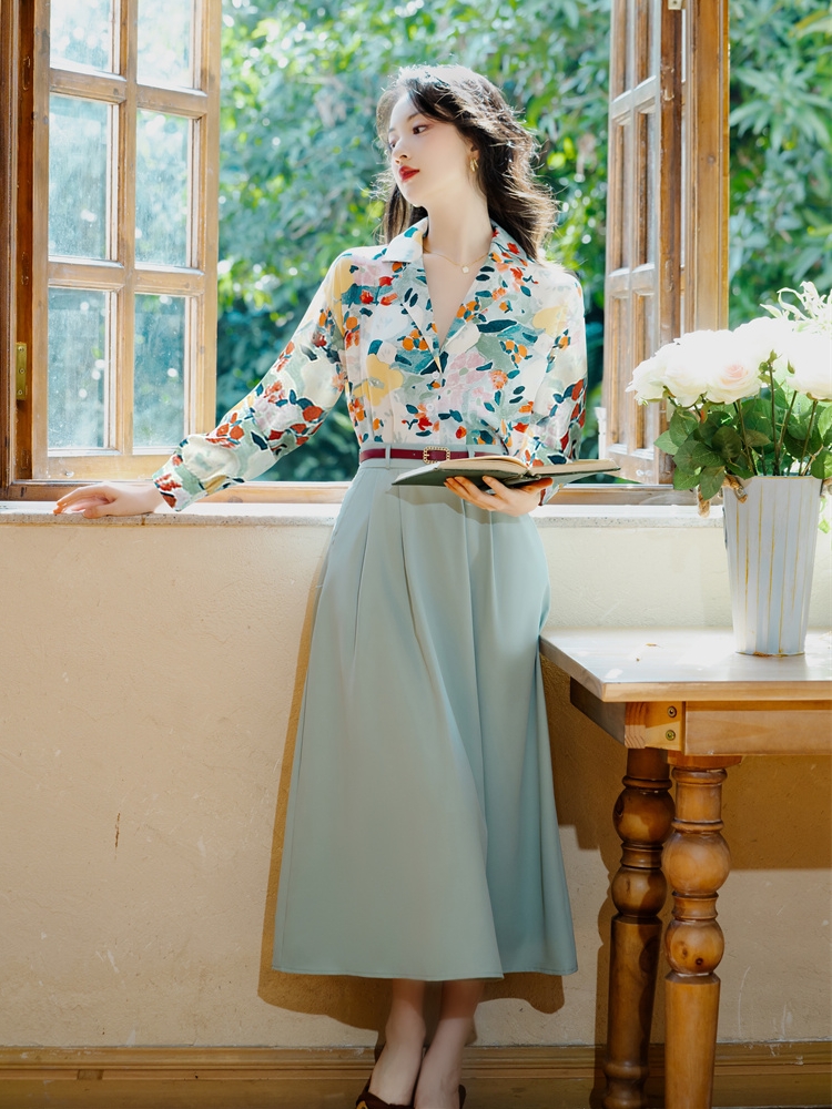 Printing short sleeve tops with belt retro skirt a set