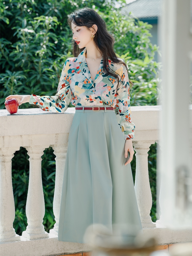 Printing short sleeve tops with belt retro skirt a set