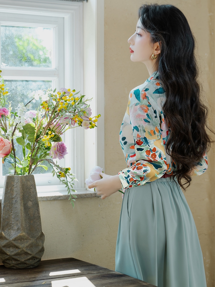 Printing short sleeve tops with belt retro skirt a set