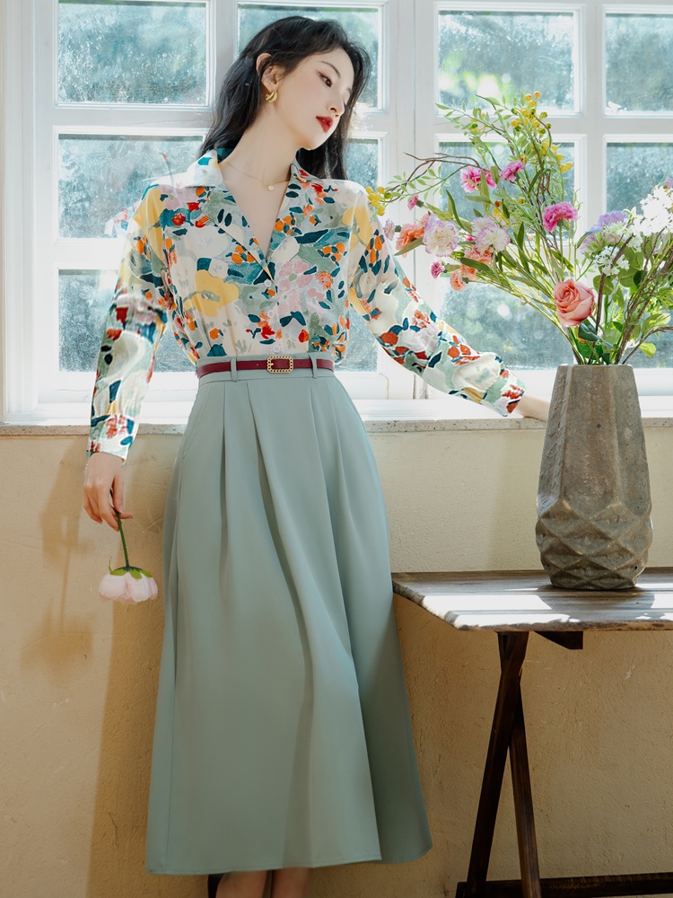 Printing short sleeve tops with belt retro skirt a set