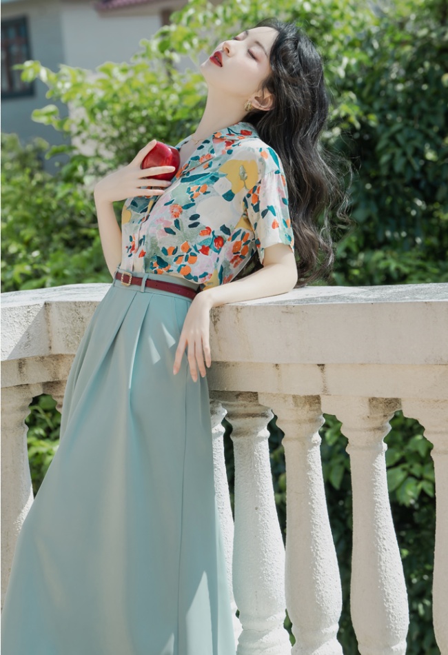 Printing short sleeve tops with belt retro skirt a set