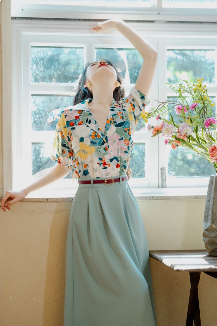 Printing short sleeve tops with belt retro skirt a set