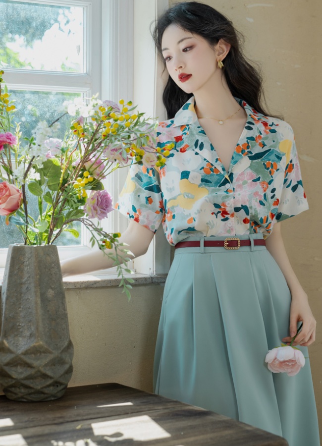 Printing short sleeve tops with belt retro skirt a set