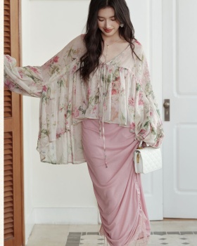 Pink elegant cardigan chouzhe strap dress 2pcs set for women