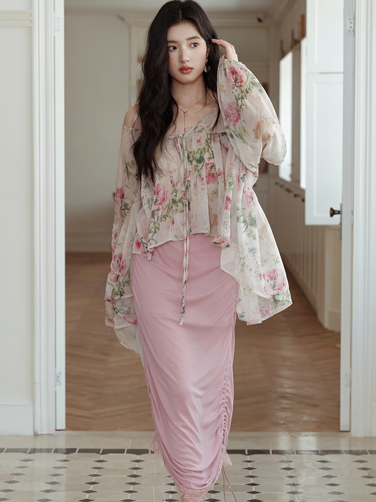 Pink elegant cardigan chouzhe strap dress 2pcs set for women