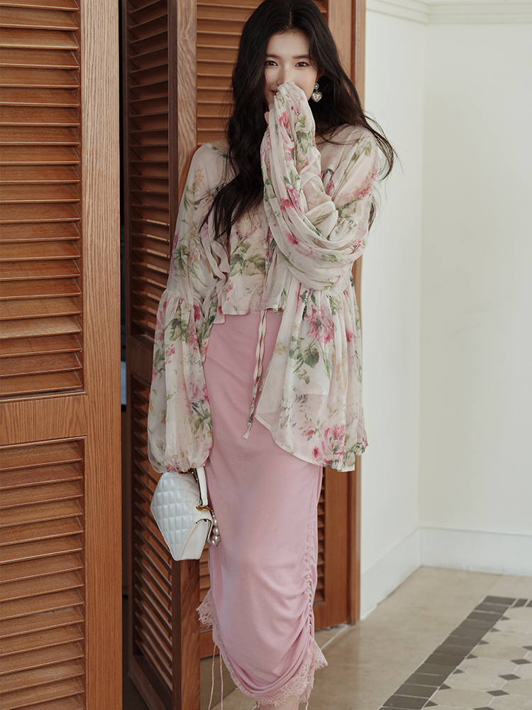 Pink elegant cardigan chouzhe strap dress 2pcs set for women