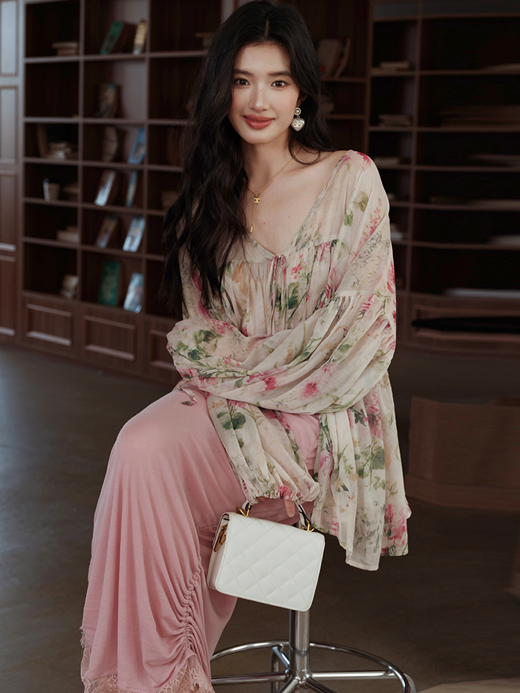 Pink elegant cardigan chouzhe strap dress 2pcs set for women