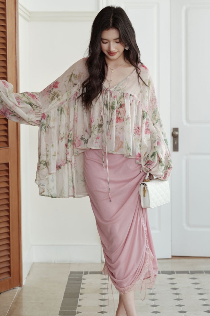 Pink elegant cardigan chouzhe strap dress 2pcs set for women