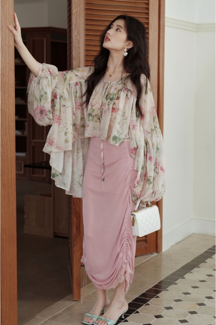 Pink elegant cardigan chouzhe strap dress 2pcs set for women