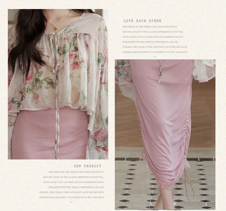 Pink elegant cardigan chouzhe strap dress 2pcs set for women