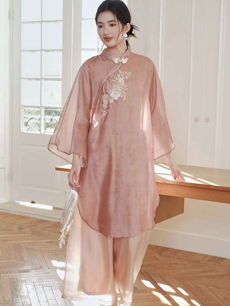 Chinese style retro tops embroidery casual pants a set