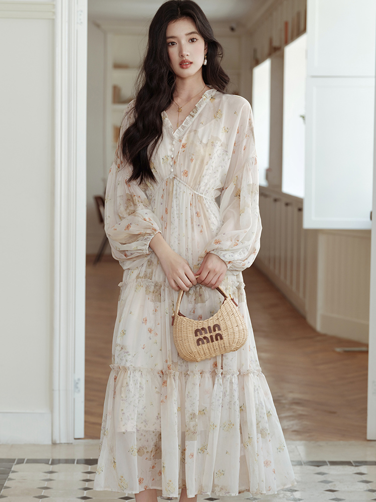 National style elasticity long dress pinched waist dress