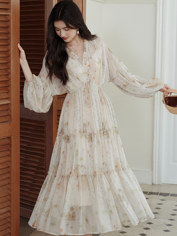 National style elasticity long dress pinched waist dress