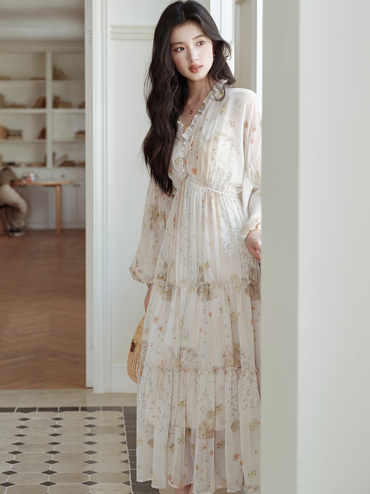 National style elasticity long dress pinched waist dress