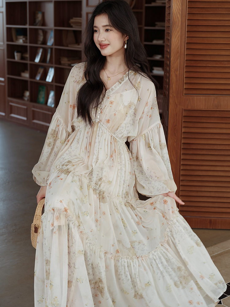 National style elasticity long dress pinched waist dress